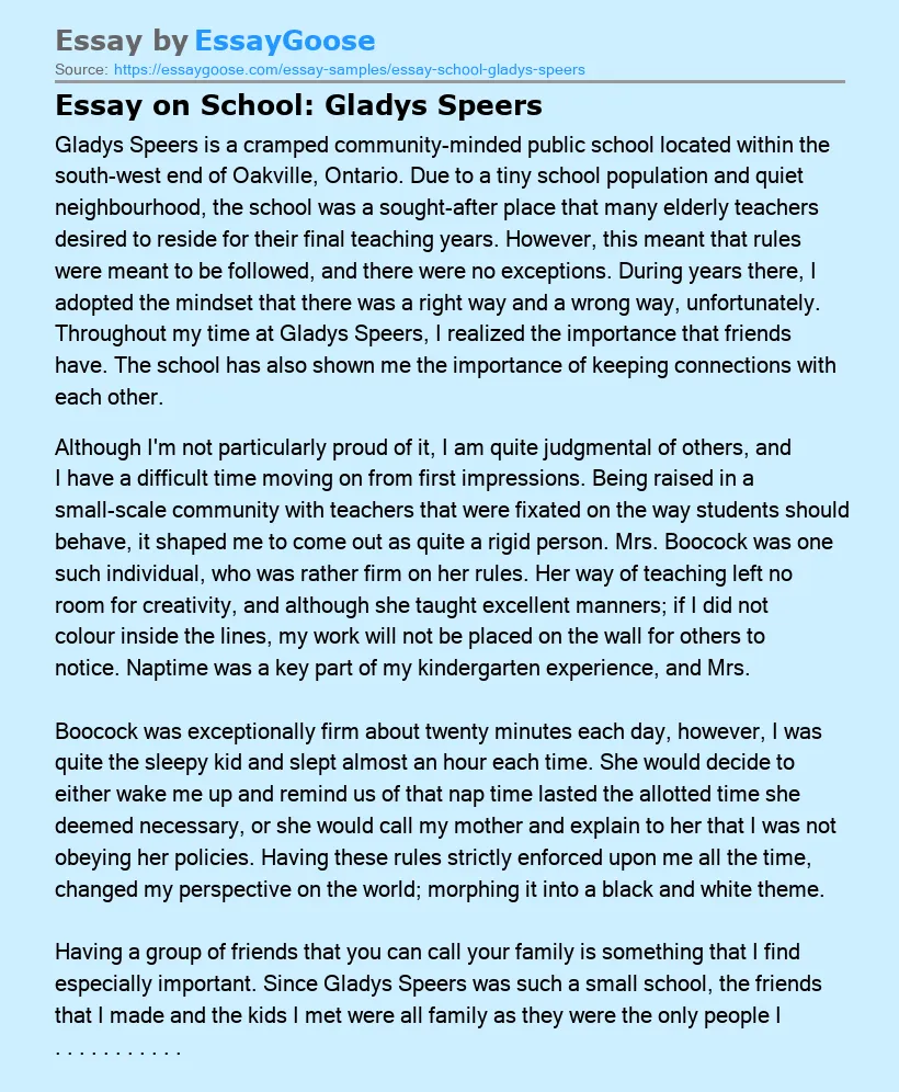 Essay on School: Gladys Speers
