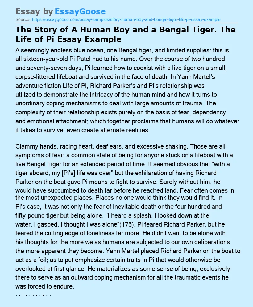The Story of A Human Boy and a Bengal Tiger. The Life of Pi Essay Example